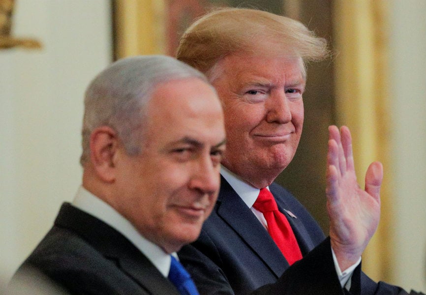 US President Donald Trump and Israeli Prime Minister Benjamin Netanyahu discuss the Trump administration's Middle East peace plan. REUTERS. 